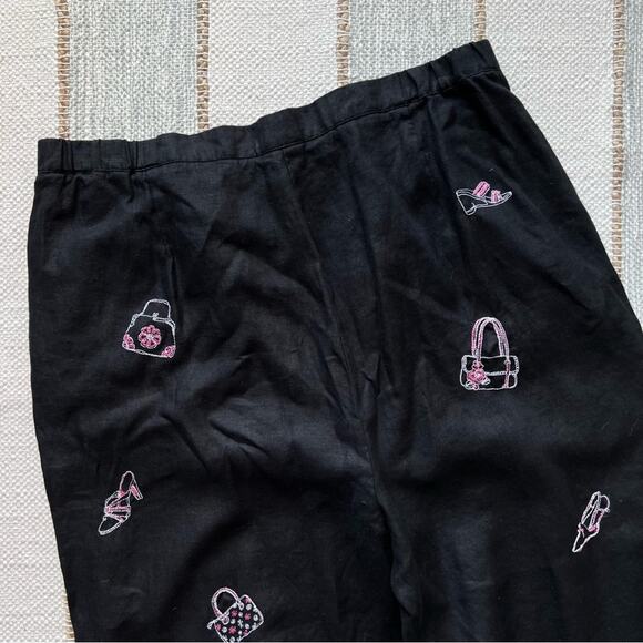 Deane & White Black Pink Embroidered 100% Linen Straight Leg Pants Women’s 20W - Picture 6 of 7